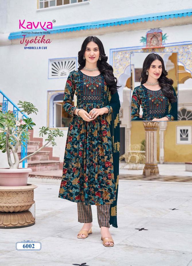 Jyotika Vol 6 By Kavya Capsule Foil Printed Embroidery Kurti With Bottom Dupatta Wholesalers In Mumbai
